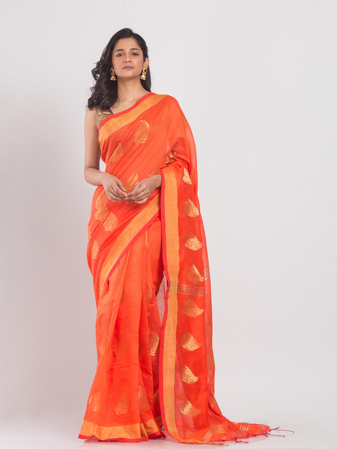 

Angoshobha Ethnic Motifs Woven Design Zari Silk Cotton Saree, Orange