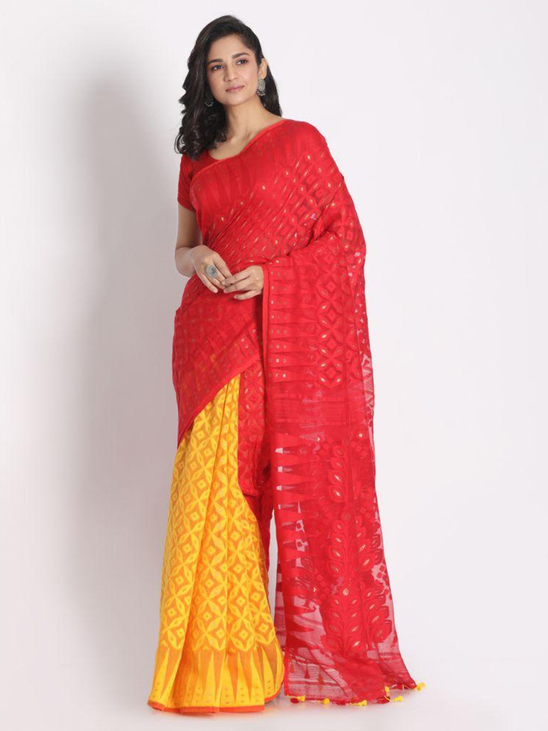 

Angoshobha Floral Embroidered Silk Cotton Half and Half Jamdani Saree, Red