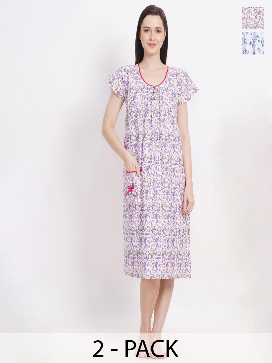 

Breezly Pack Of 2 Printed Pure Cotton Nightdresses, Blue