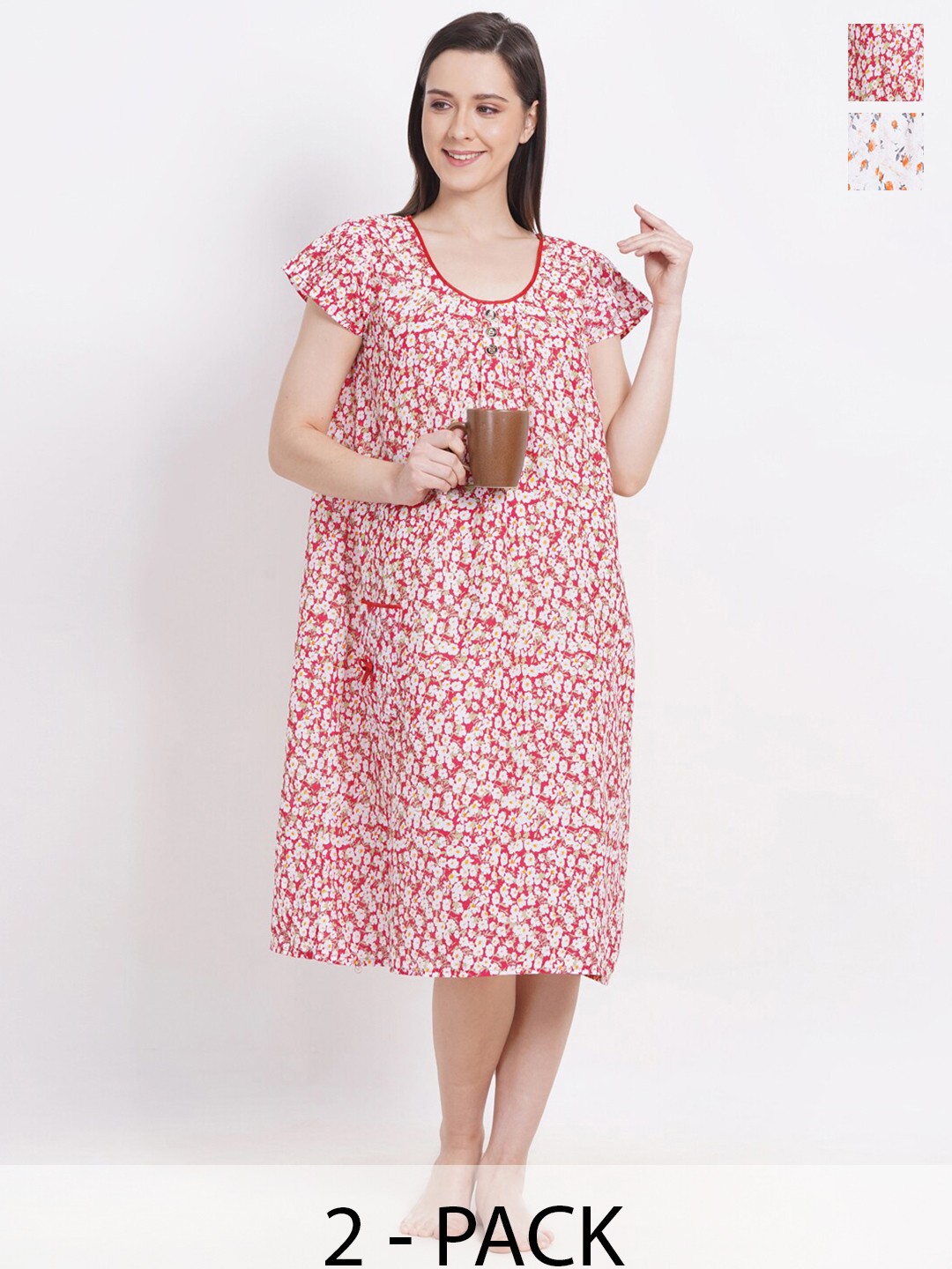 

Breezly Pack Of 2 Floral Printed Pure Cotton Midi Nightdress, Orange
