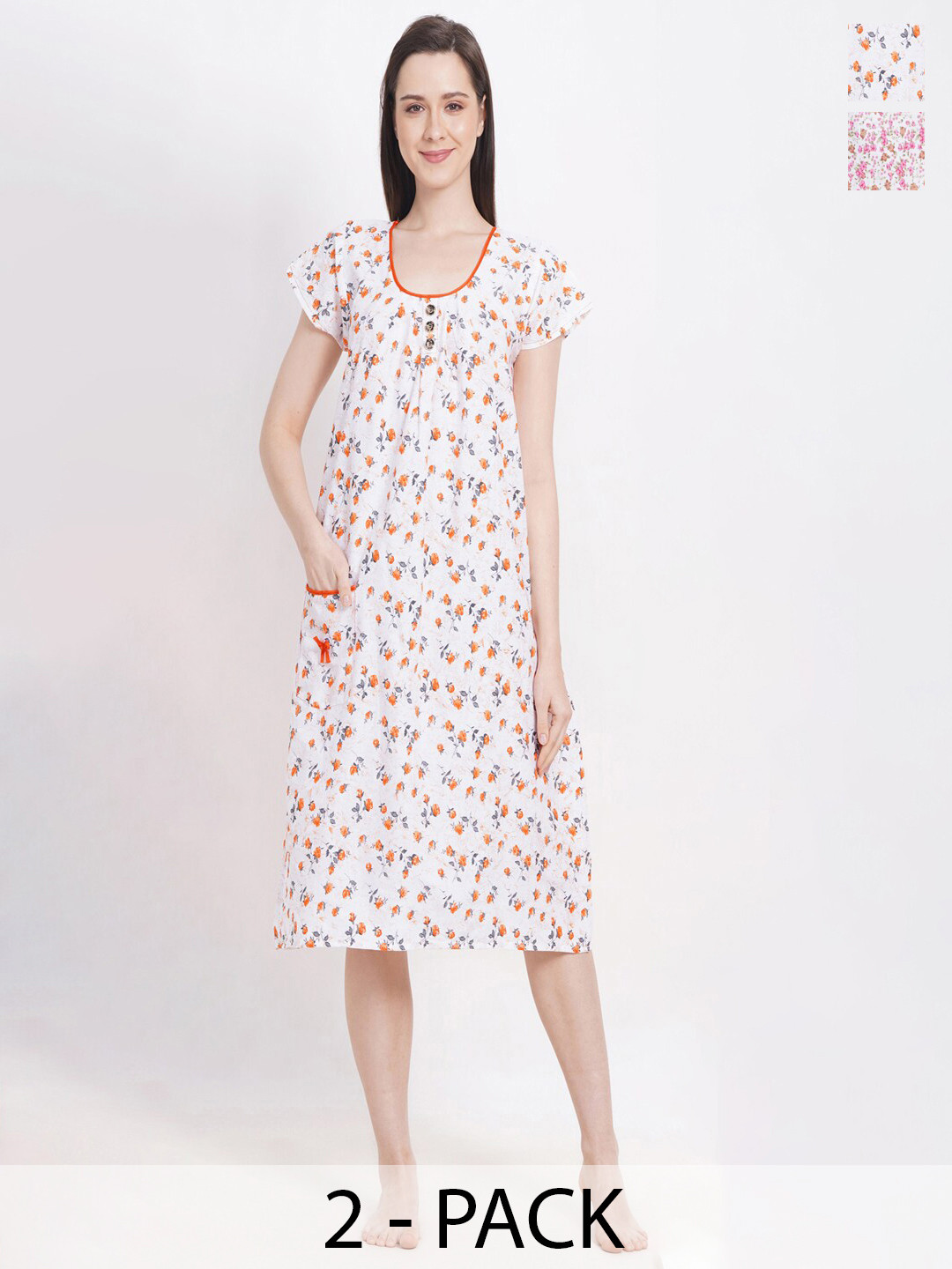 

Breezly Pack Of 2 Printed Pure Cotton Nightdresses, Orange
