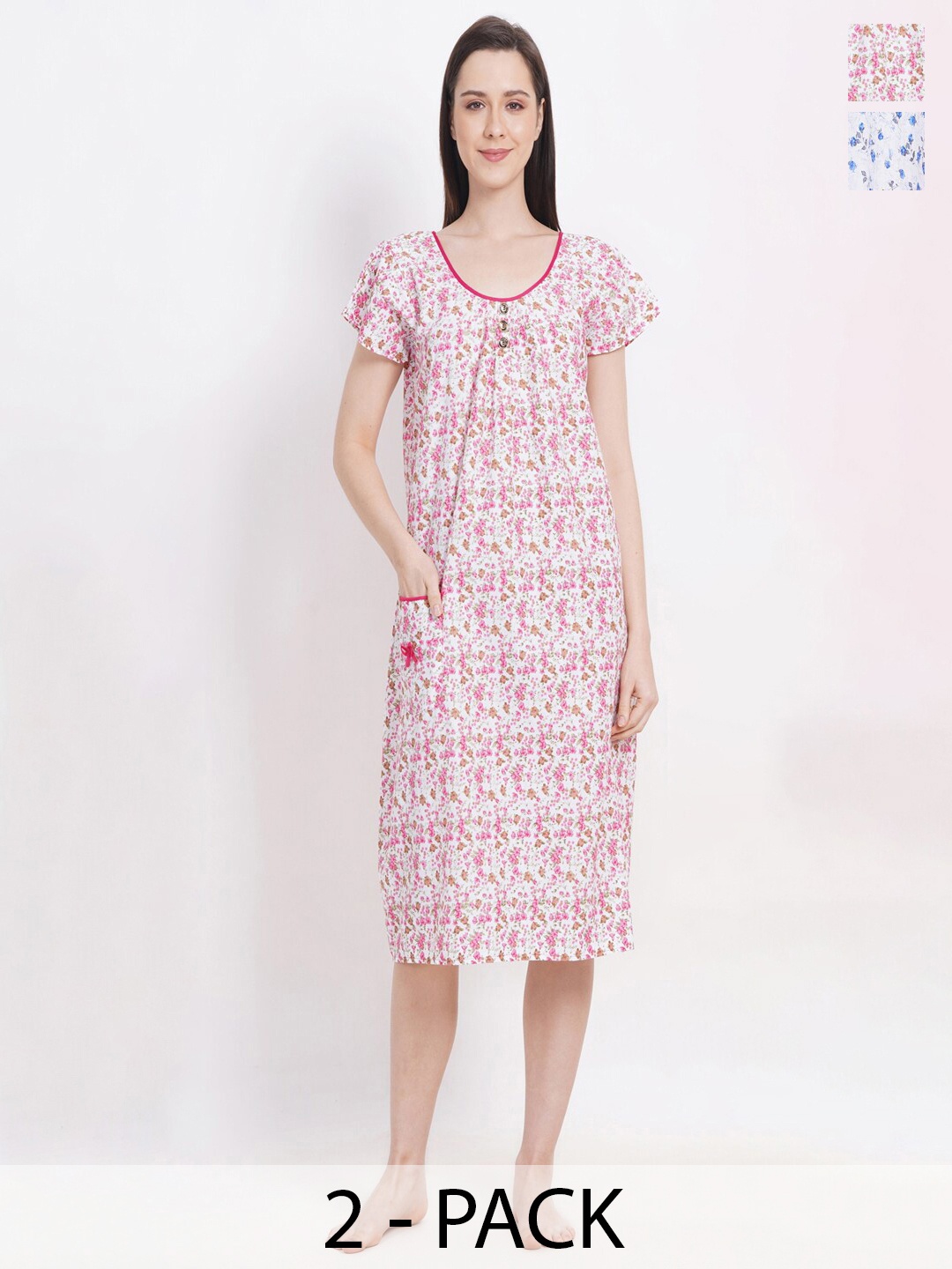 

Breezly Pack Of 2 Floral Printed Pure Cotton Midi Nightdress, Blue