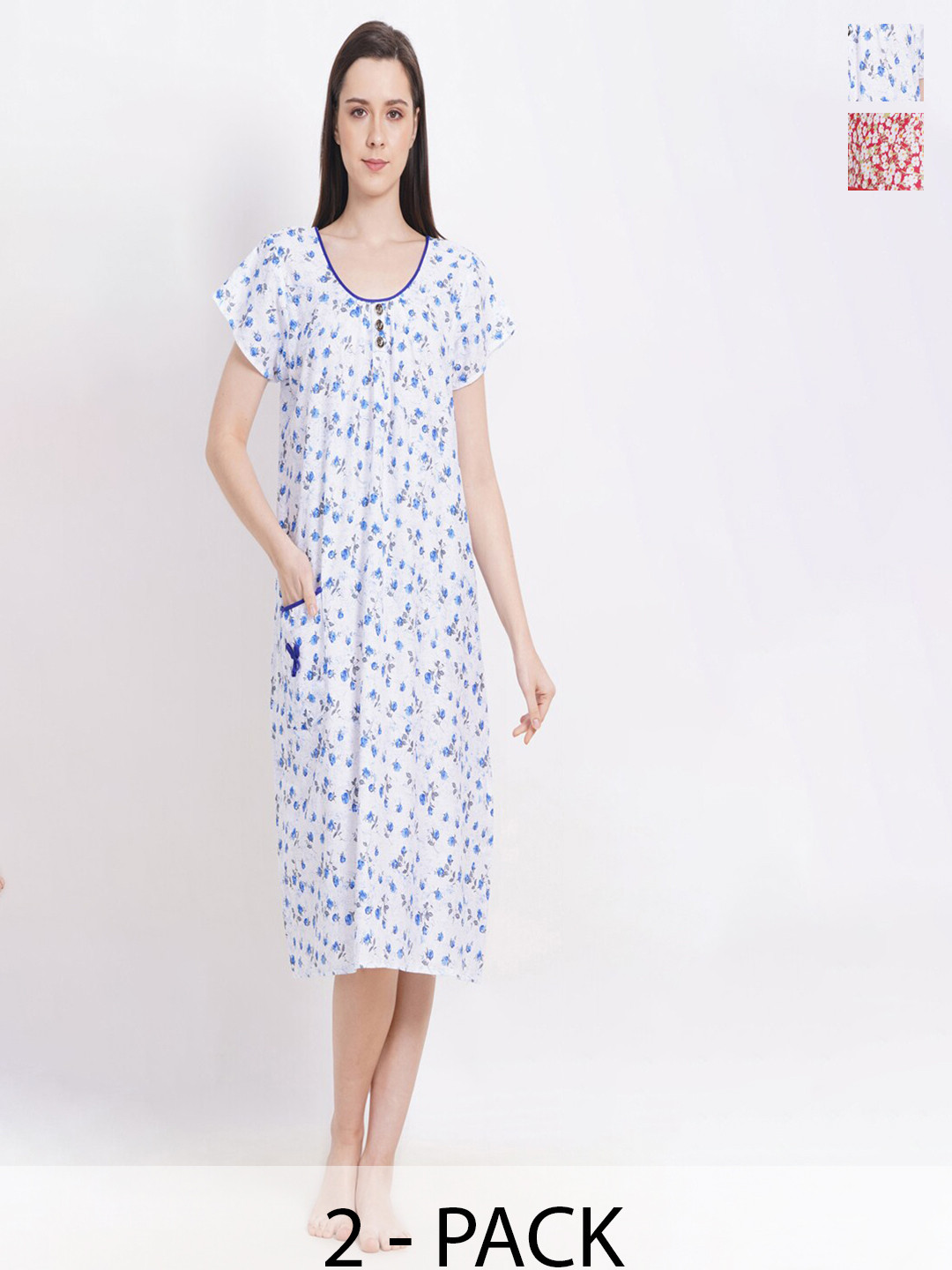 

Breezly Pack Of 2 Printed Pure Cotton Nightdresses, Blue