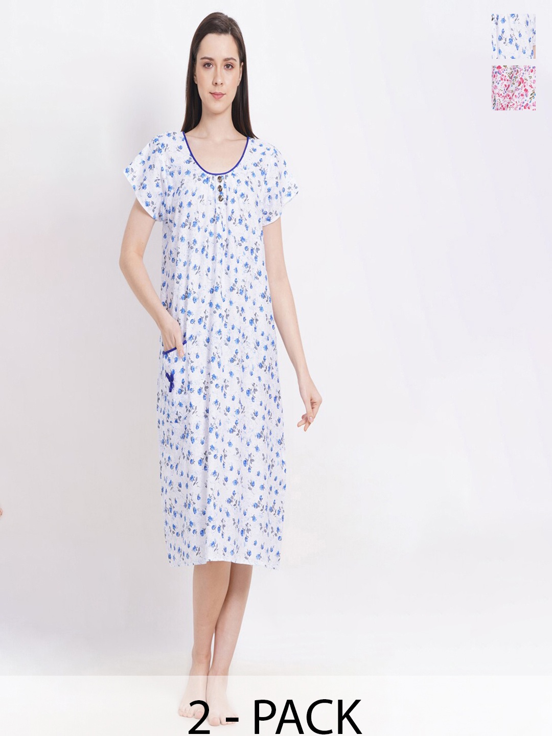 

Breezly Pack Of 2 Floral Printed Pure Cotton Midi Nightdress, Blue