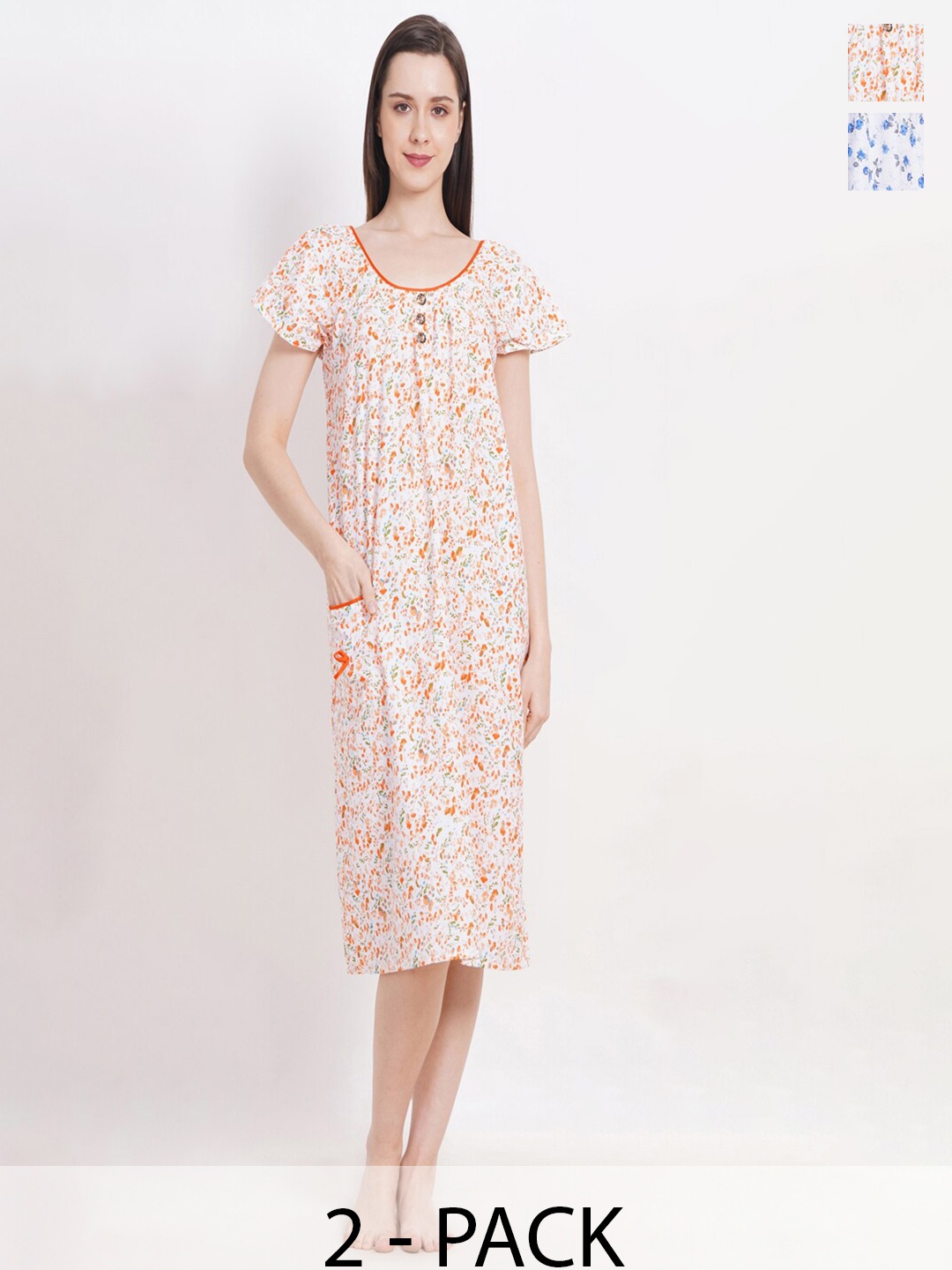 

Breezly Pack Of 2 Floral Printed Pure Cotton Midi Nightdress, Blue