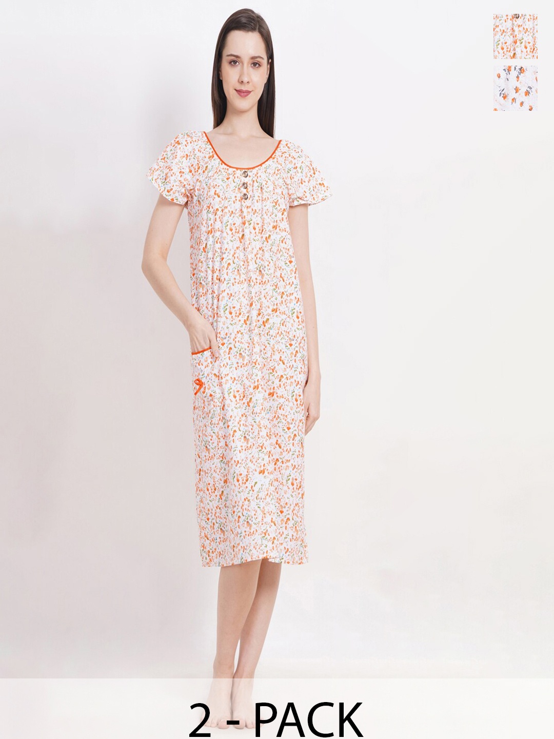 

Breezly Pack Of 2 Floral Printed Pure Cotton Midi Nightdress, Orange