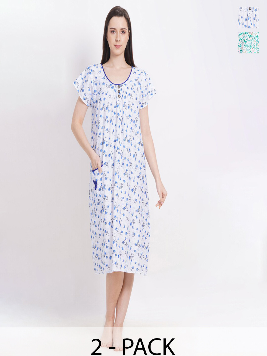 

Breezly Pack Of 2 Floral Printed Pure Cotton Midi Nightdress, Blue