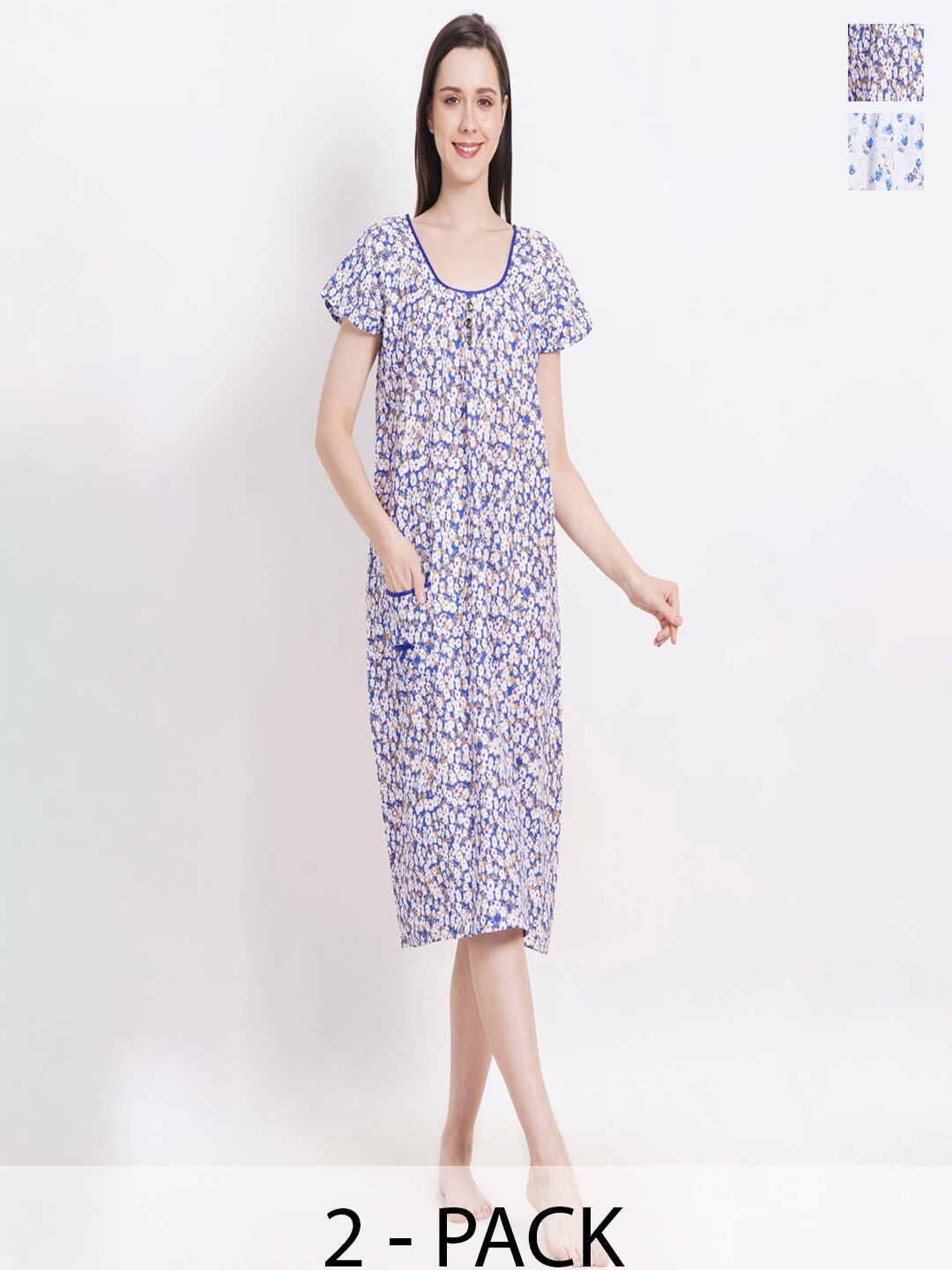 

Breezly Pack Of 2 Floral Printed Pure Cotton Midi Nightdress, Blue