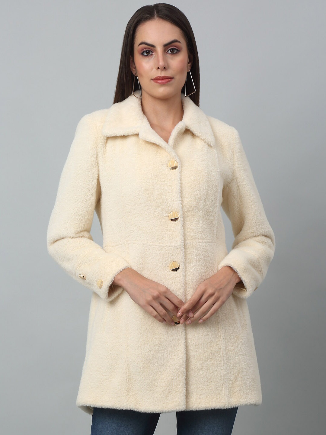 

Cantabil Spread Collar Single-Breasted Faux Fur Overcoat, Cream