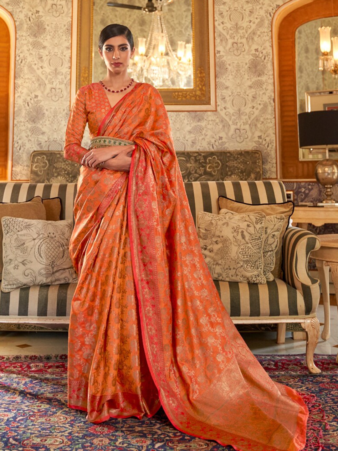 

NK Textiles Woven Design Silk Blend Handloom Kanjeevaram Saree, Orange