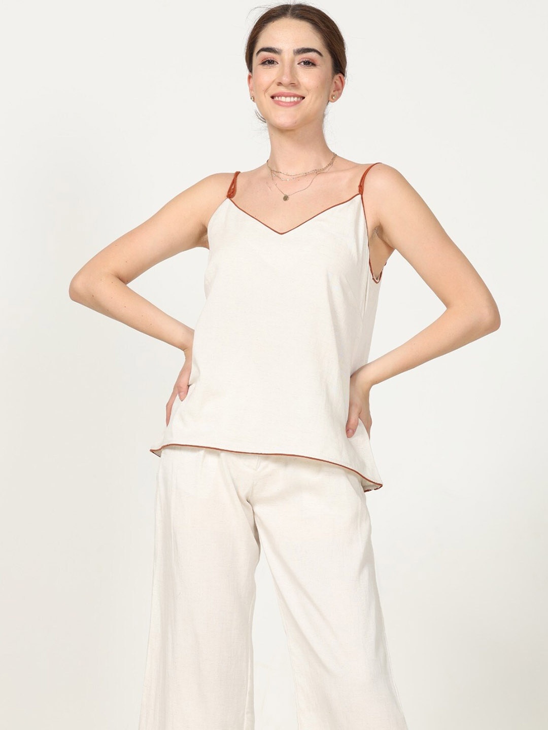 

Saltpetre Sleeveless V-Neck Organic Cotton Top & Mid-Rise Trouser, Cream