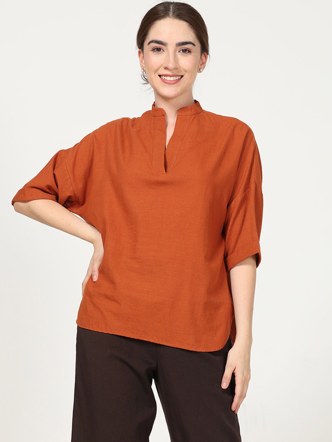 

Saltpetre Mandarin Collar Organic Cotton Top & Trousers, Rust