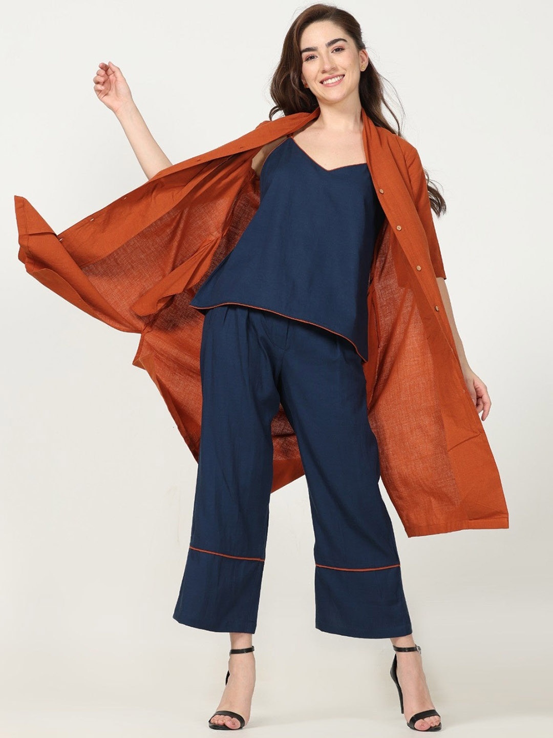 

Saltpetre Organic Cotton Shoulder Straps Top & Trouser With Shirt, Navy blue