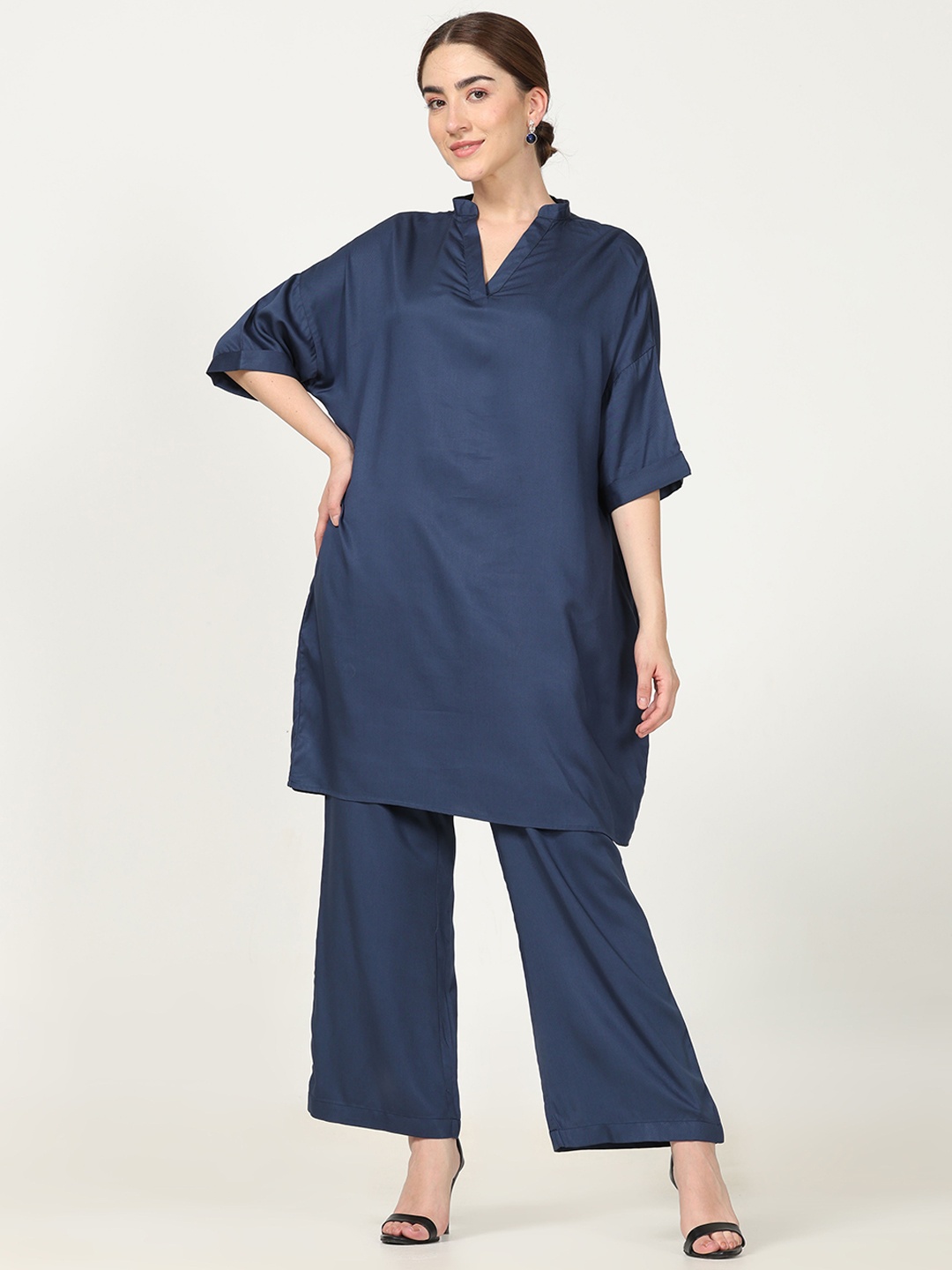 

Saltpetre Modal Mandarin Collar Oversized Tunic With Trouser, Navy blue