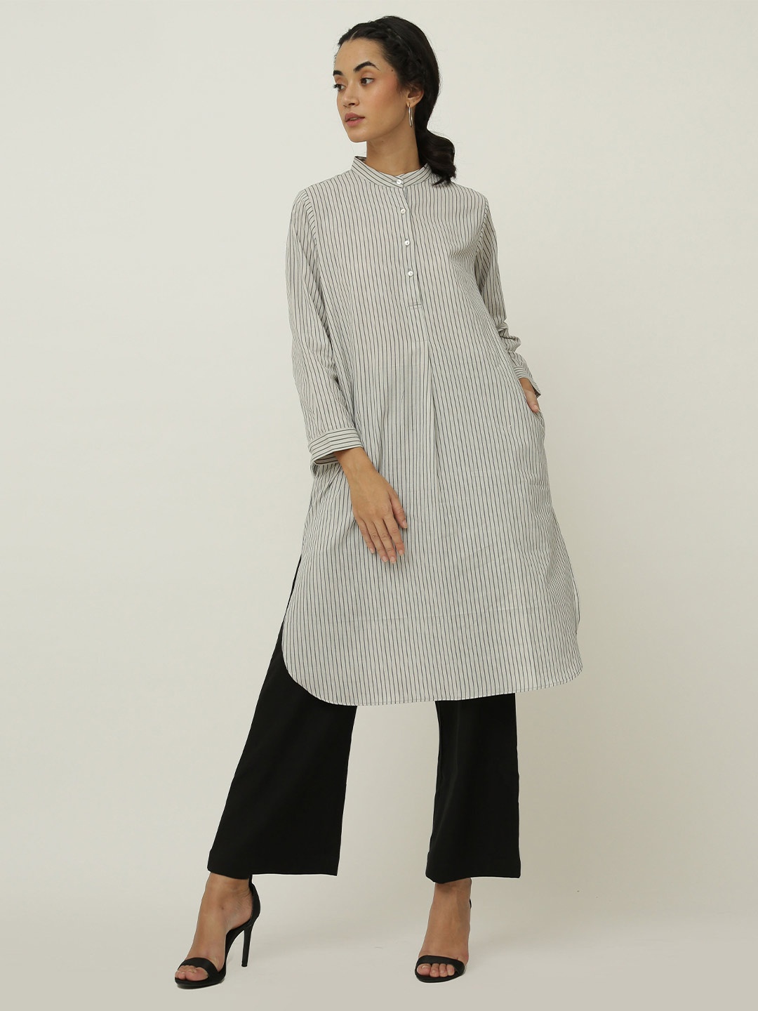 

Saltpetre Striped Mandarin Collar Long Sleeves Organic Cotton A Line Kurta, Off white