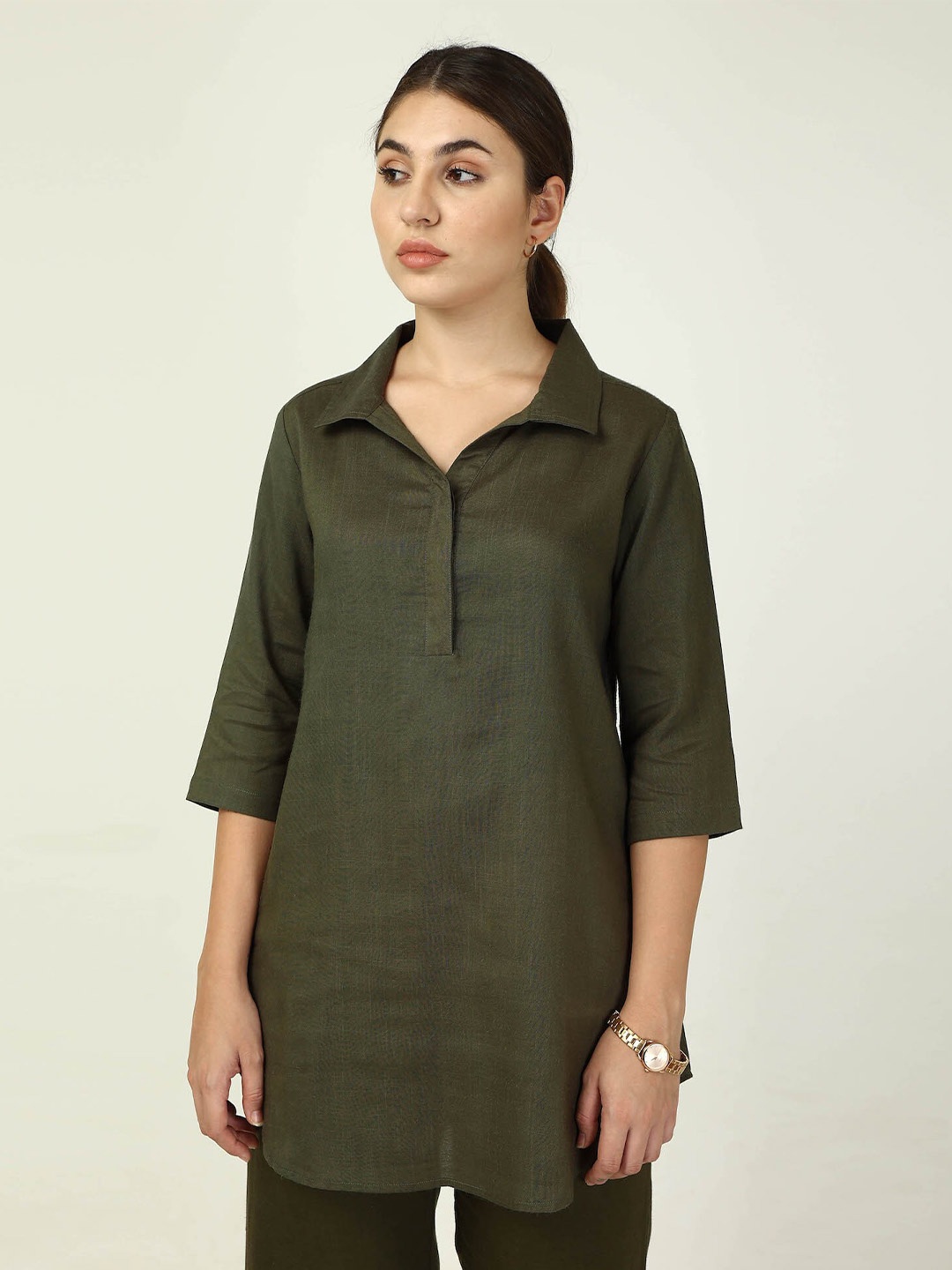 

Saltpetre Organic Cotton Shirt Collar Tunic, Olive