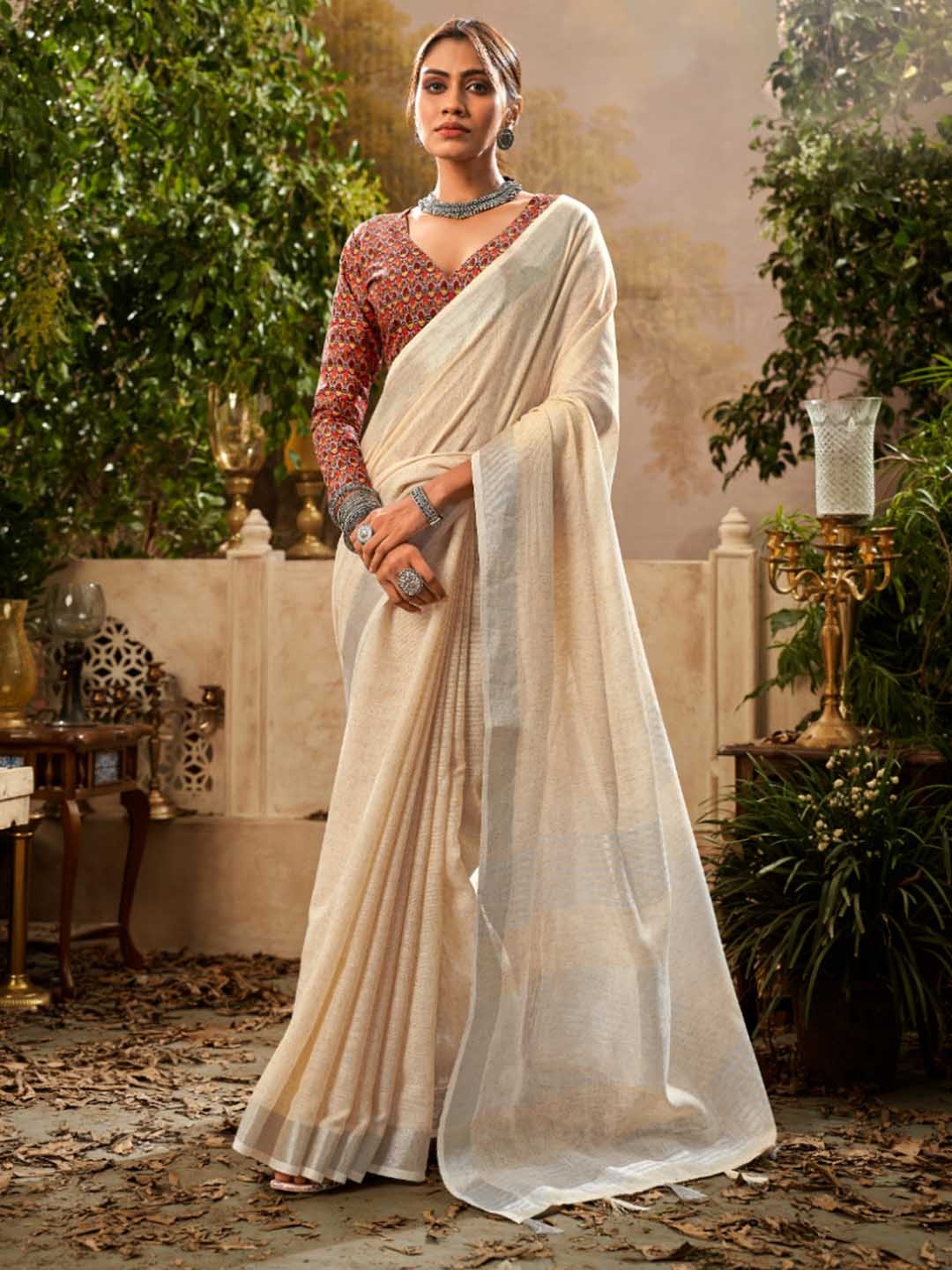 

NK Textiles Linen Handloom Chanderi Saree, Cream