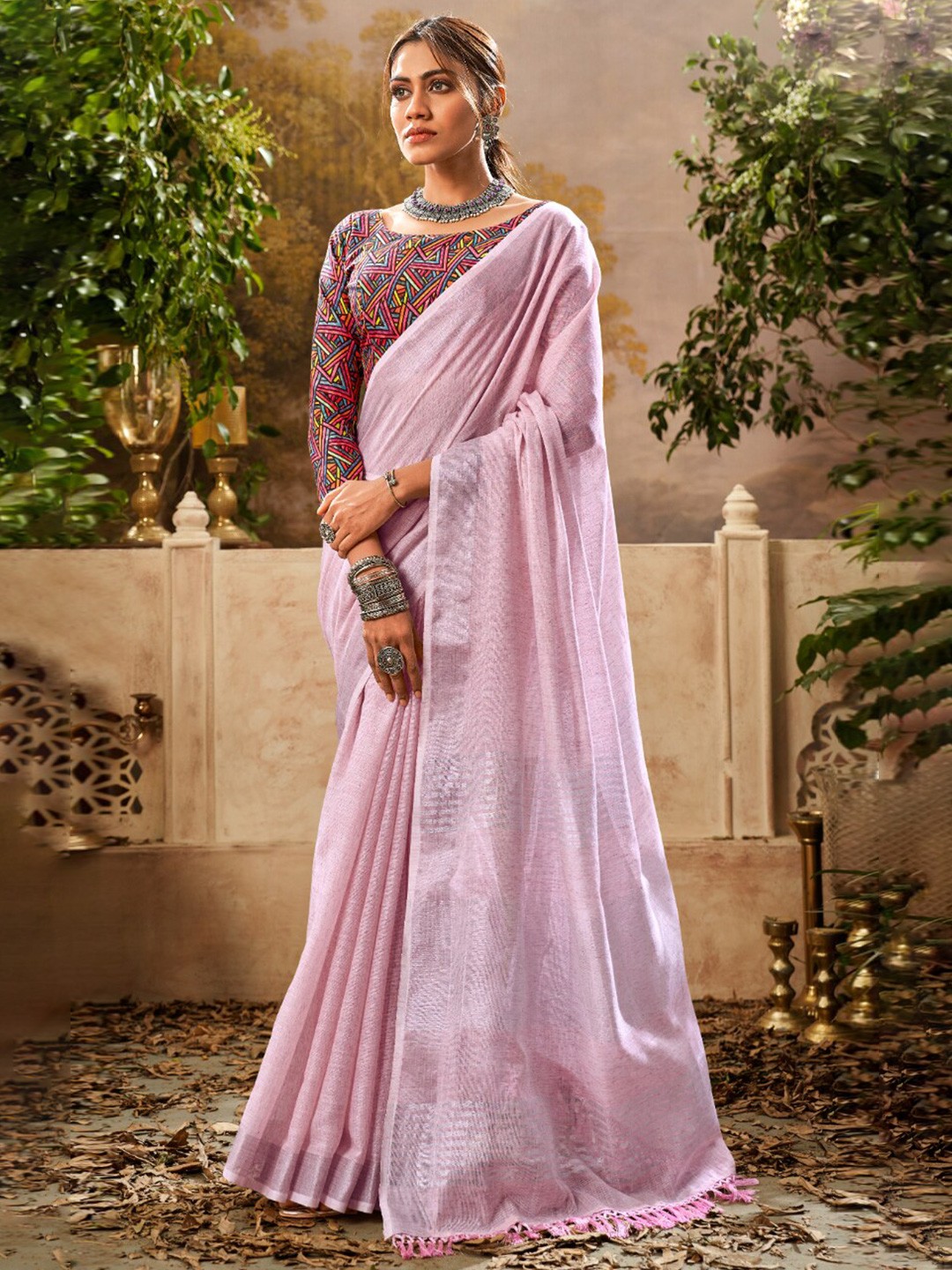 

NK Textiles Linen Blend Handloom Chanderi Saree, Purple