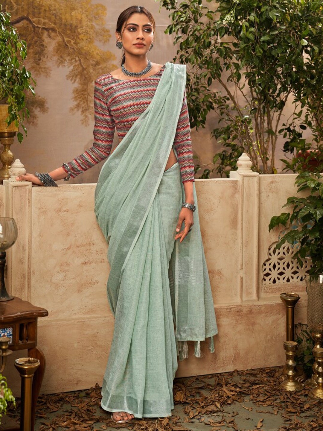 

NK Textiles Linen Blend Handloom Chanderi Saree, Sea green