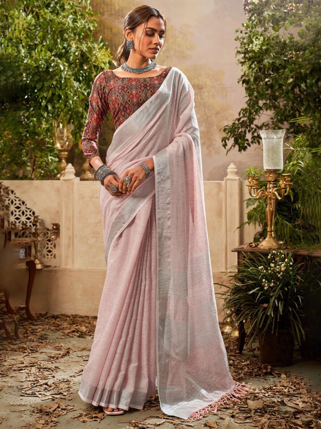 

NK Textiles Linen Blend Handloom Chanderi Saree, Pink