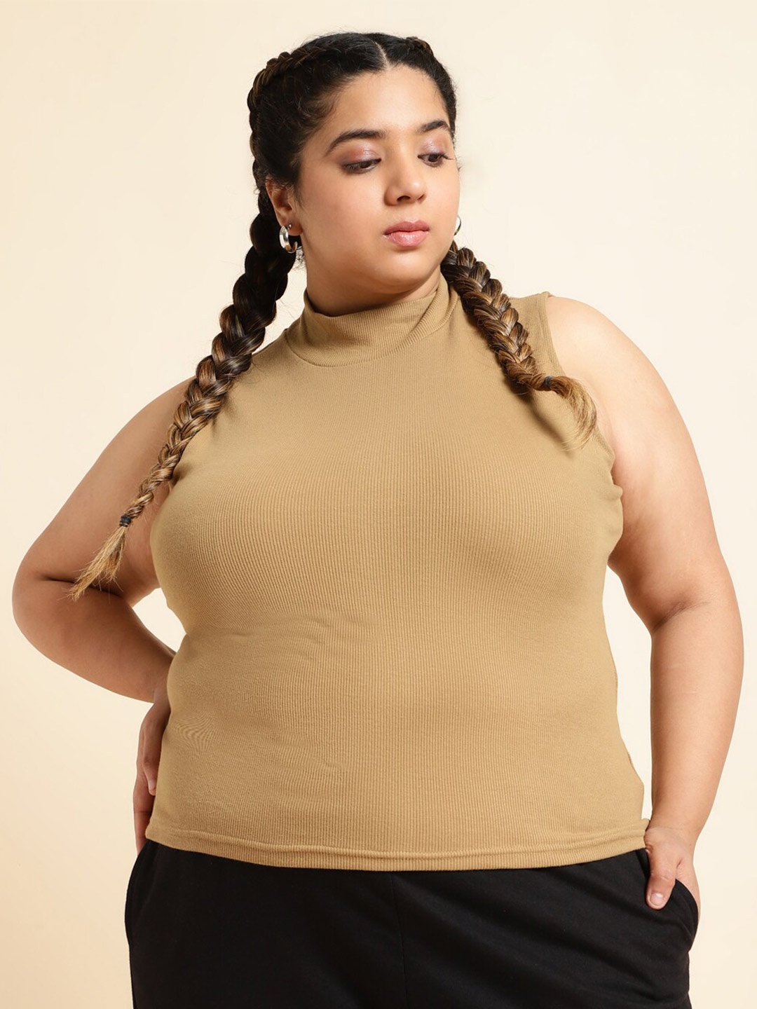 

UnaOne High Neck Fitted Cotton Top, Khaki