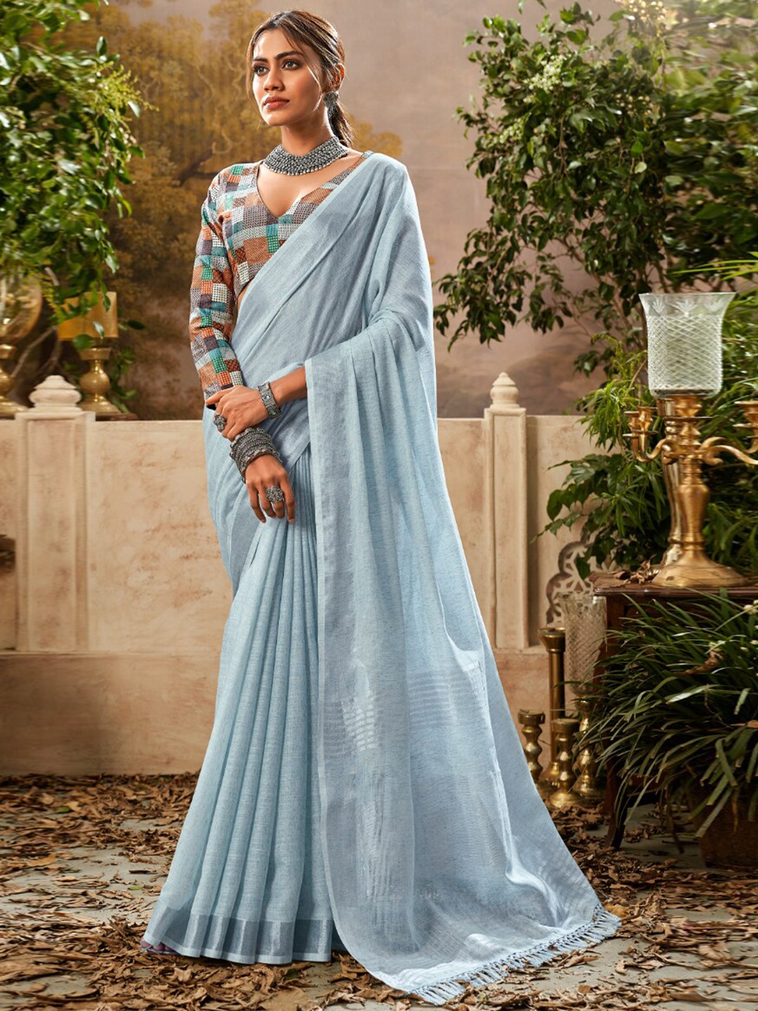 

NK Textiles Linen Blend Handloom Chanderi Saree, Blue