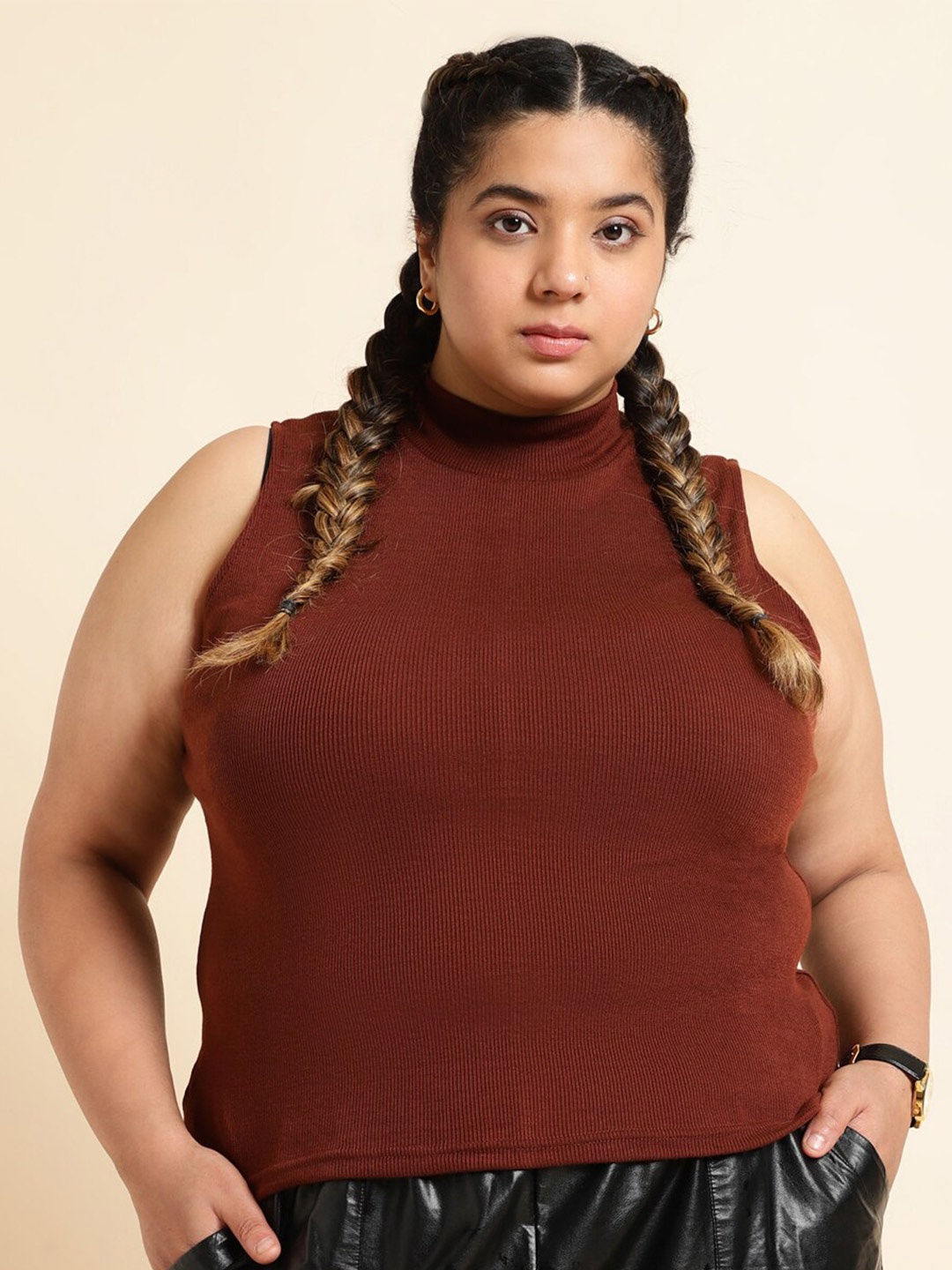 

UnaOne High Neck Fitted Cotton Top, Coffee brown