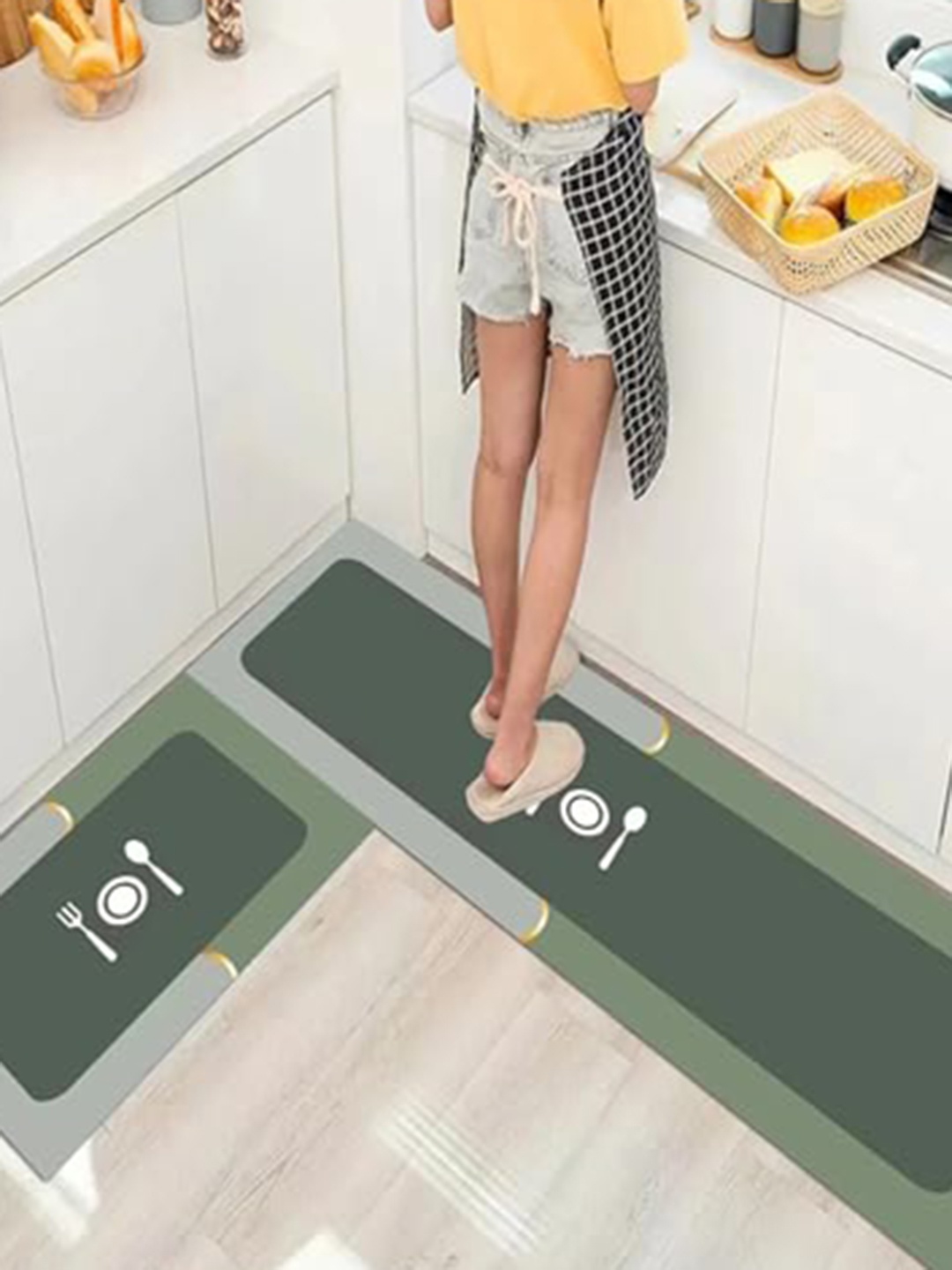 

HomeCloud Green & Grey 2 Pieces Graphic Anti Skid Kitchen Mats