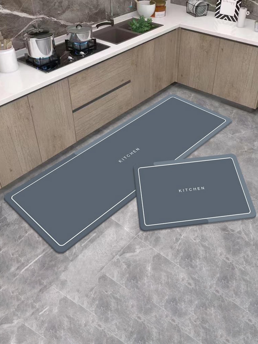

HomeCloud Grey & White 2 Pieces Typography Anti Skid Kitchen Mats, Blue