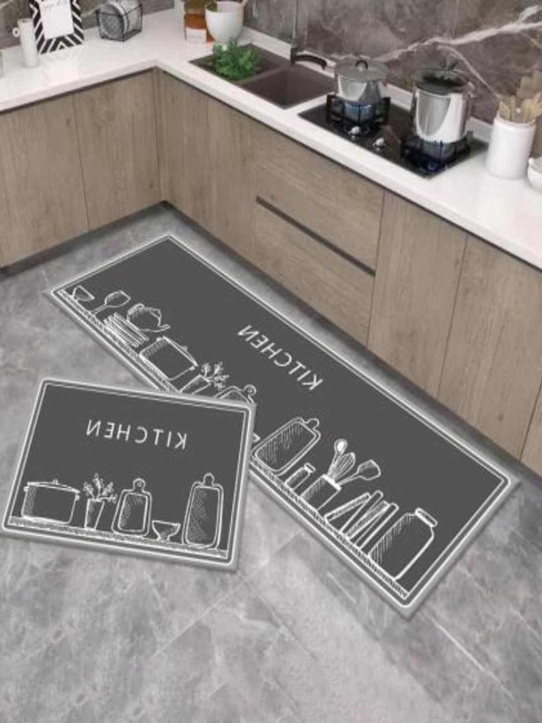 

HomeCloud Grey & White 2 Pieces Graphic Pattern Anti Skid Kitchen Mats