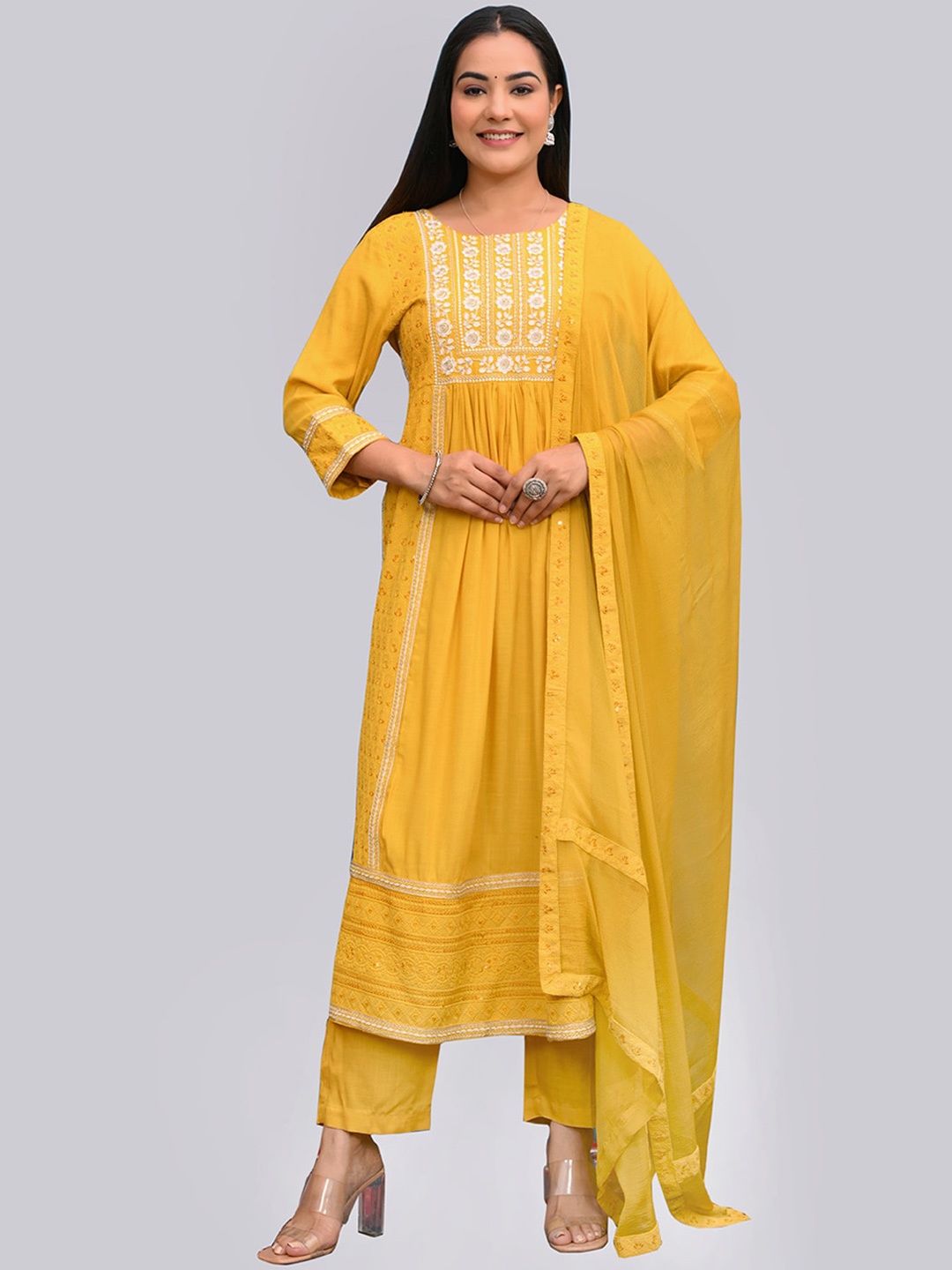 

SHOOLIN Embroidered Patchwork A-Line Kurta, Mustard