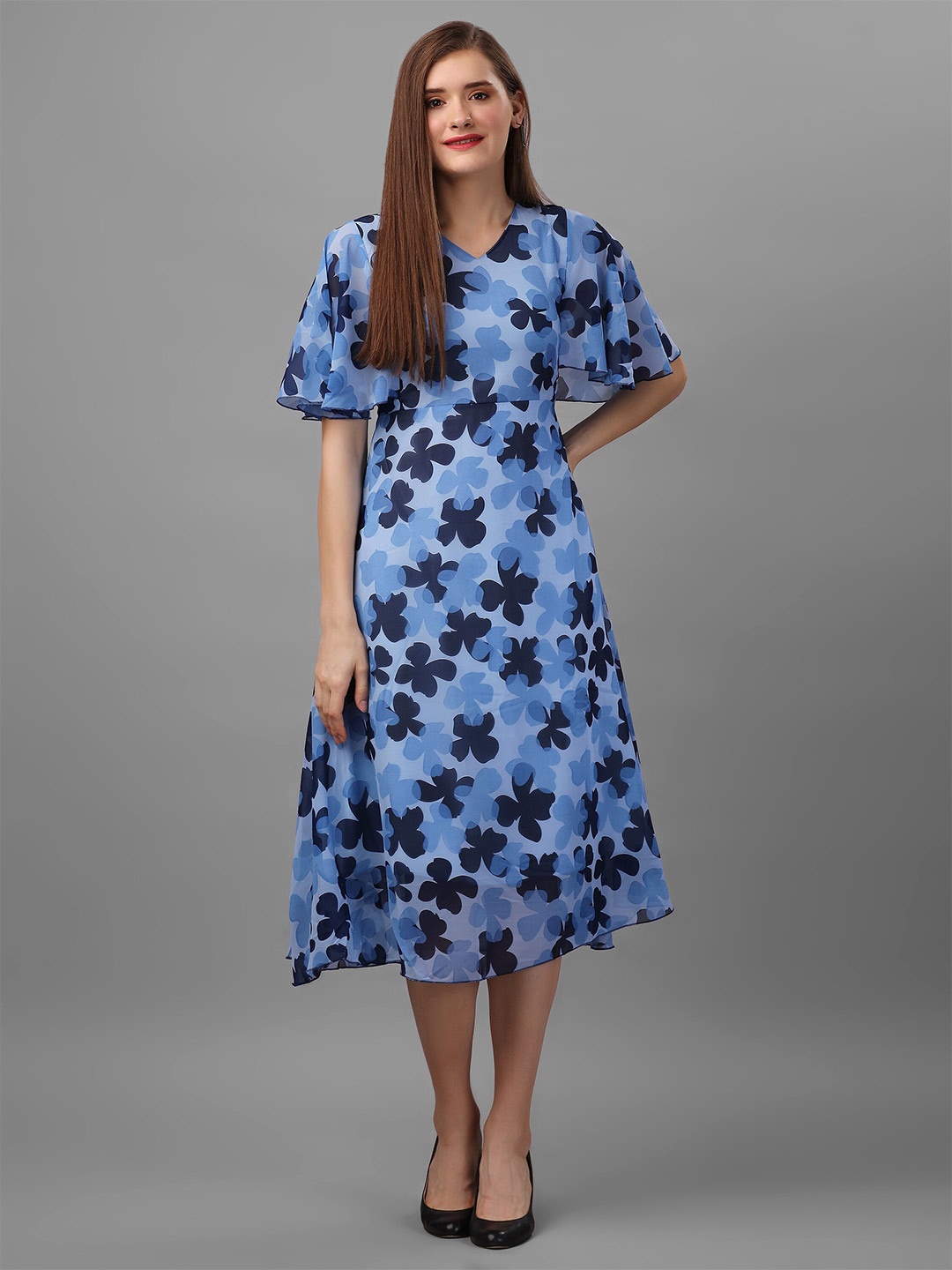 

BAESD Floral Print V Neck Bell Sleeve Georgette Fit & Flare Midi Dress, Blue