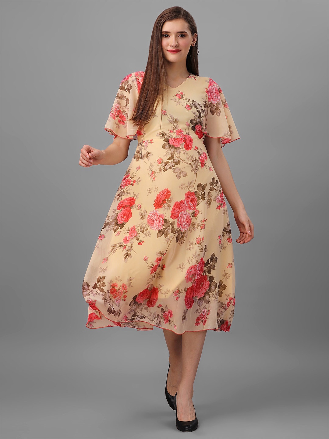 

BAESD Floral Print Bell Sleeve Georgette Fit & Flare Midi Dress, Yellow