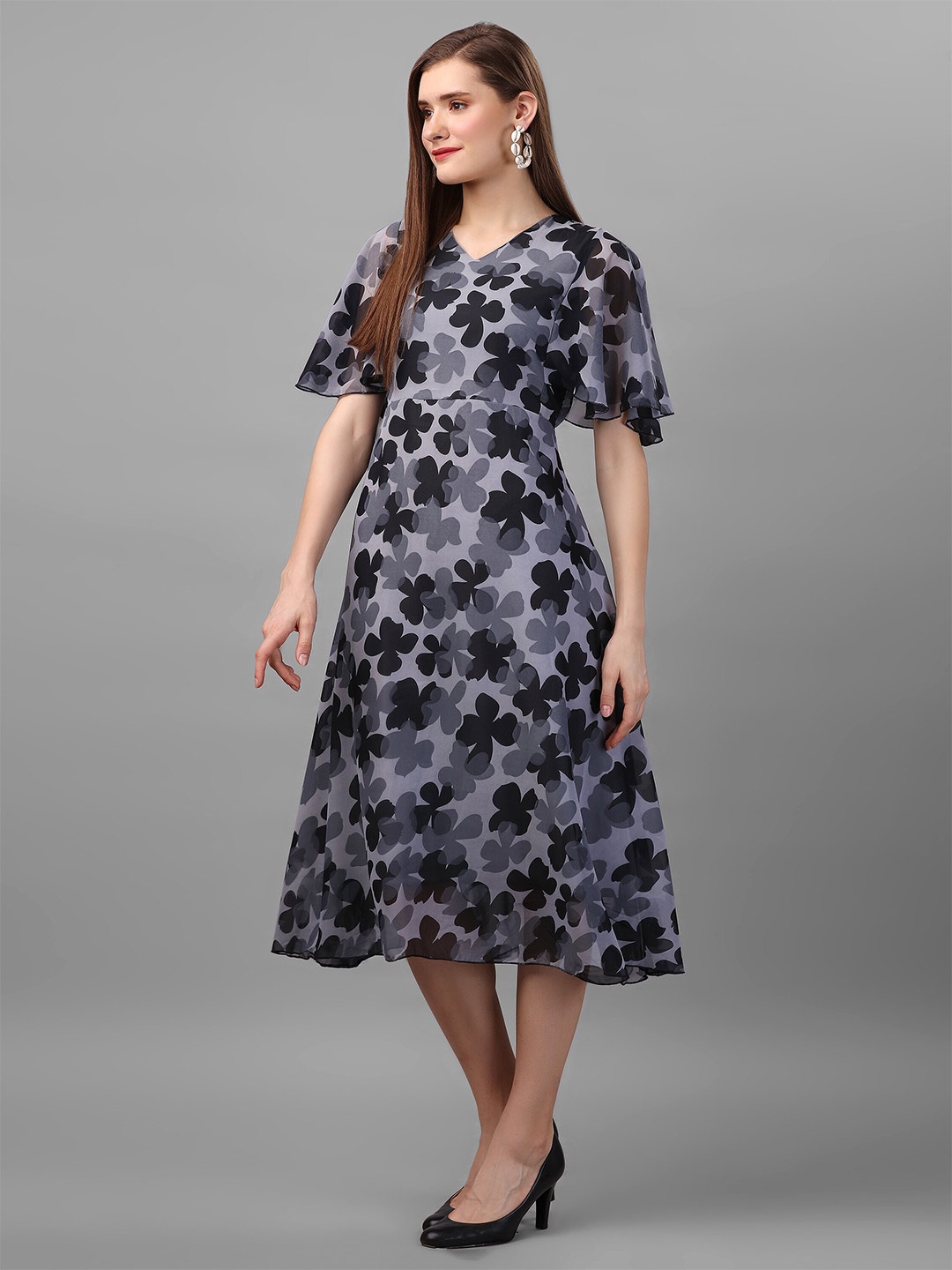 

BAESD Floral Printed Bell Sleeve Georgette Fit & Flare Midi Dress, Grey