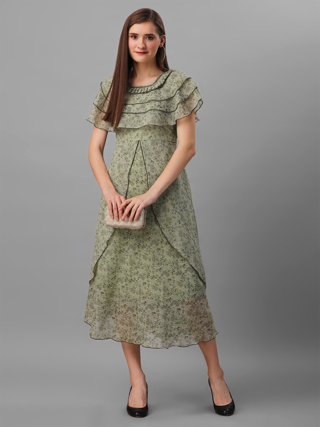 

BAESD Floral Print Batwing Sleeve Georgette Fit & Flare Midi Dress, Green