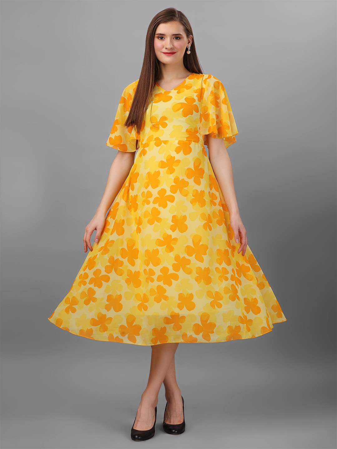 

BAESD Floral Print V Neck Bell Sleeve Georgette Fit & Flare Midi Dress, Yellow