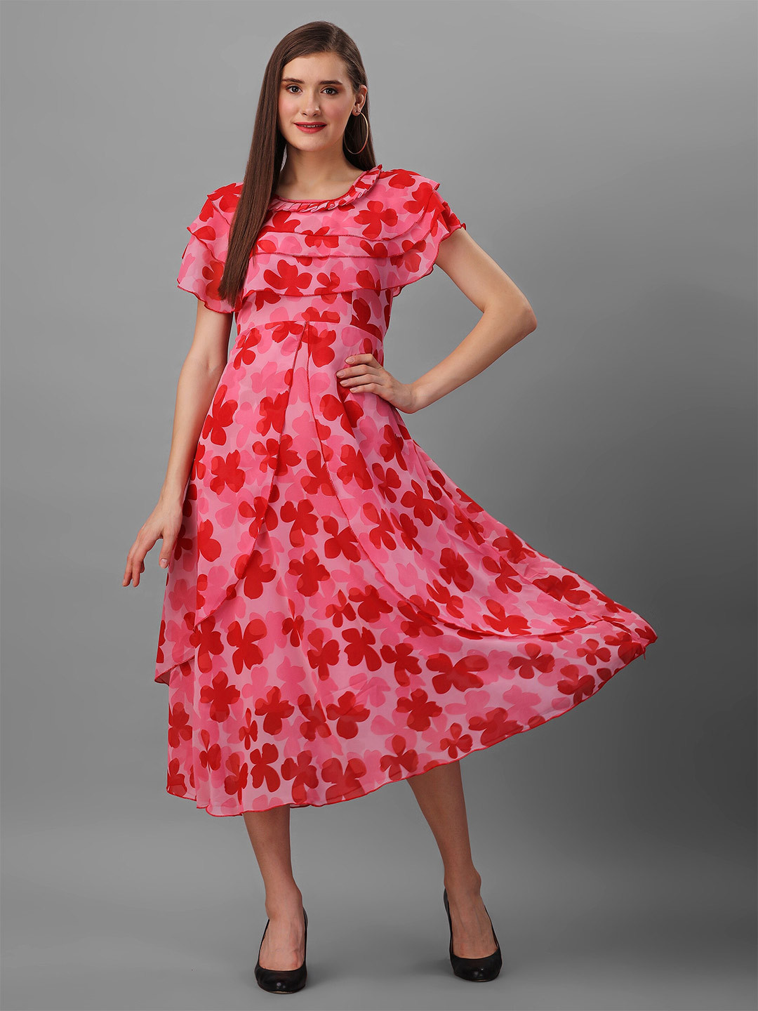 

BAESD Floral Print Batwing Sleeve Georgette Fit & Flare Midi Dress, Pink