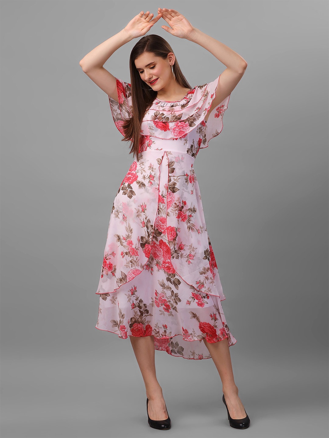 

BAESD Floral Print Batwing Sleeve Georgette Fit & Flare Midi Dress, White