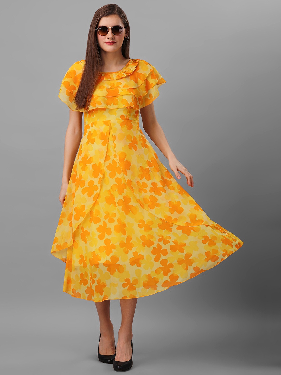 

BAESD Floral Print Cape Sleeve Georgette Fit & Flare Midi Dress, Yellow