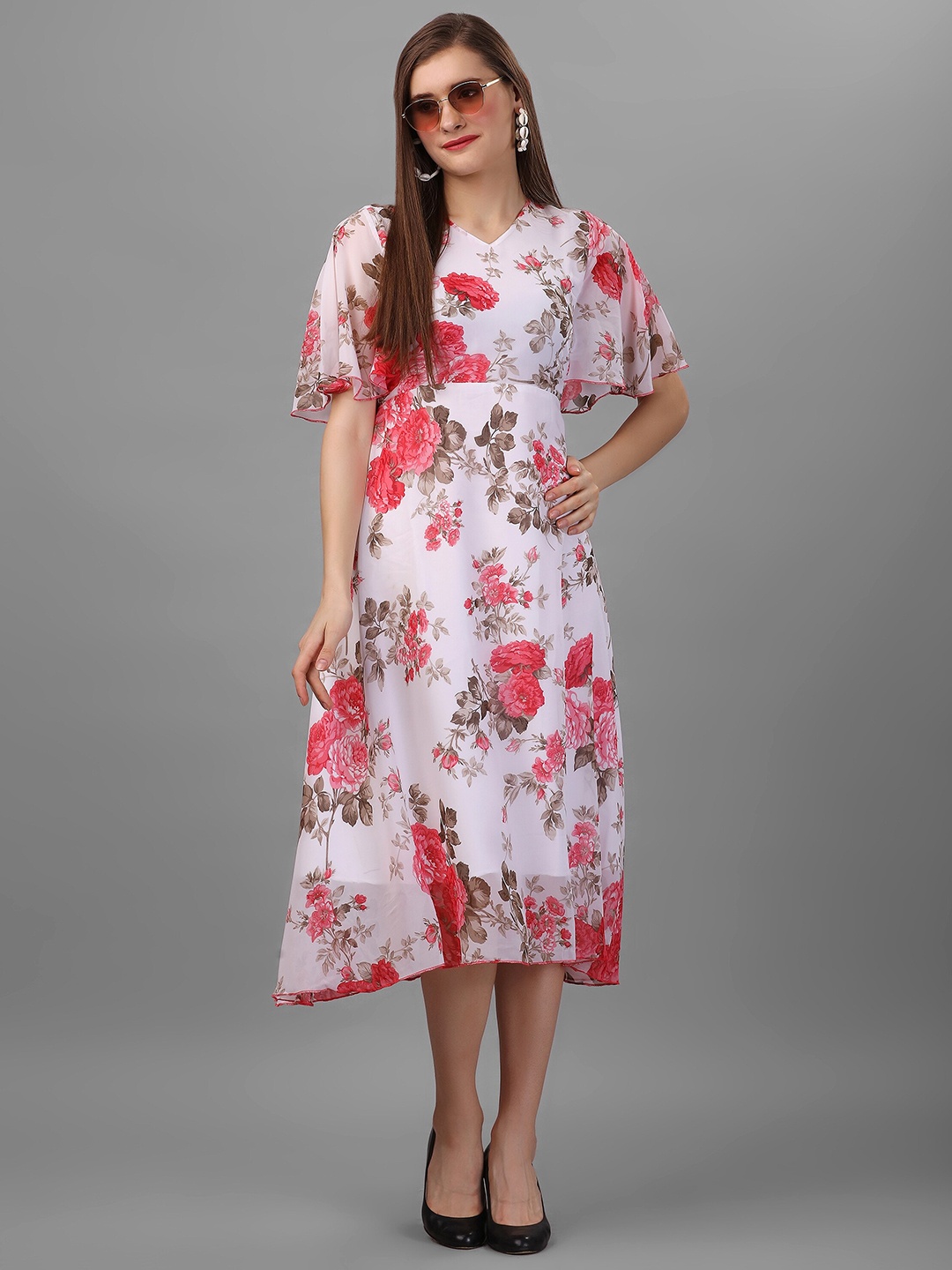 

BAESD Floral Print Bell Sleeve Georgette Fit & Flare Midi Dress, White