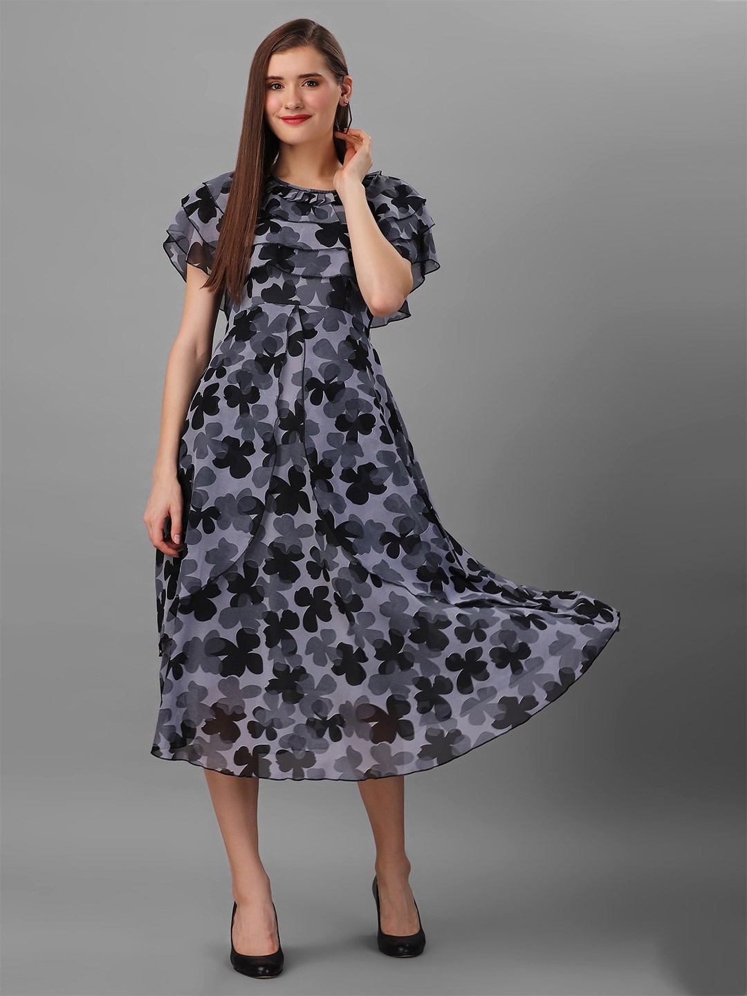 

BAESD Floral Print Cape Sleeves Georgette Fit & Flare Midi Dress, Grey