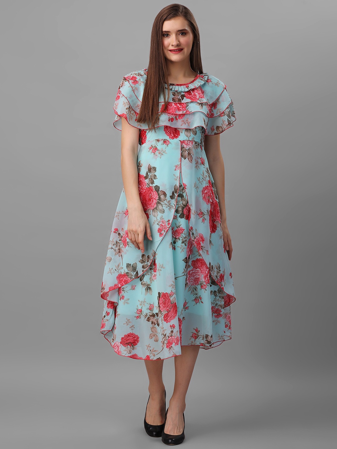 

BAESD Blue Floral Print Cape Sleeves Georgette Midi Dress