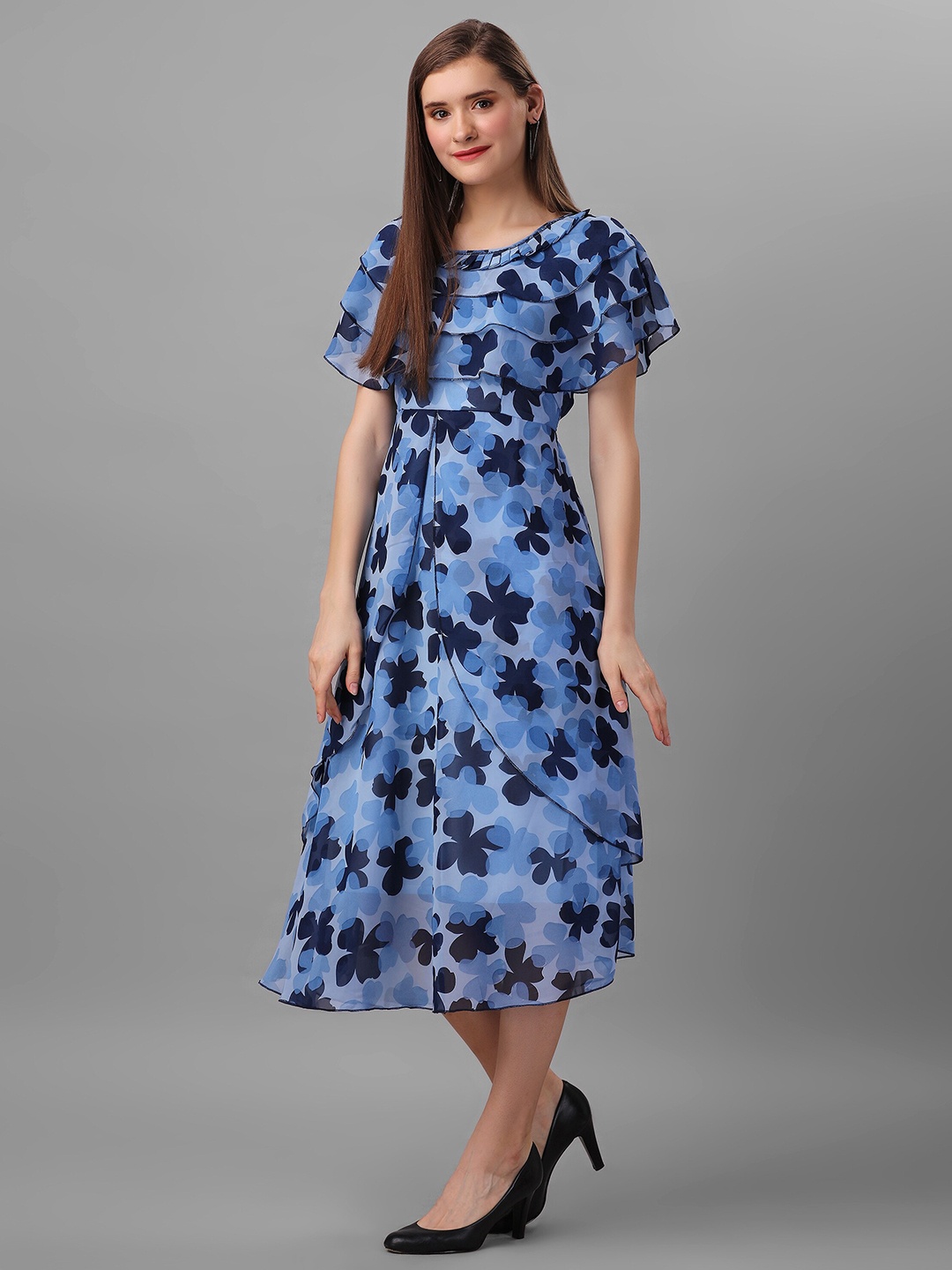 

BAESD Blue Floral Print Cape Sleeves Georgette Midi Dress