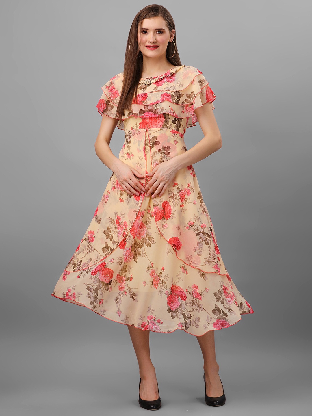 

BAESD Floral Printed Batwing Sleeve Georgette Fit & Flare Midi Dress, Yellow