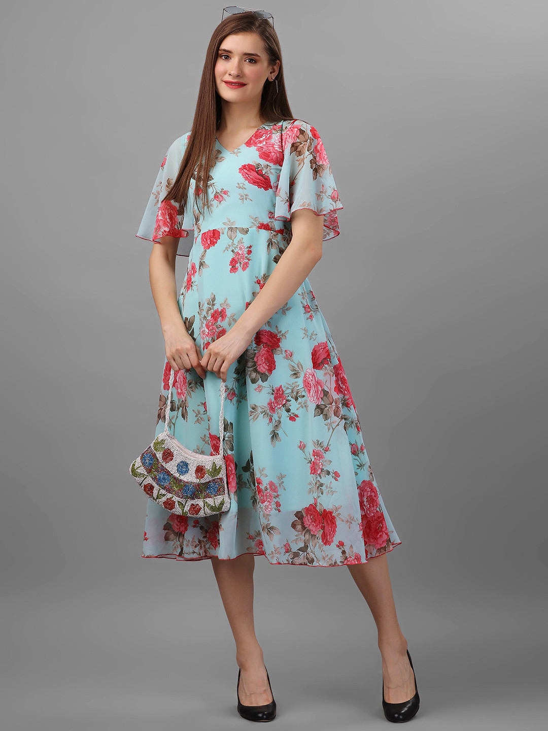 

BAESD Floral Print V Neck Bell Sleeve Georgette Fit & Flare Midi Dress, Blue