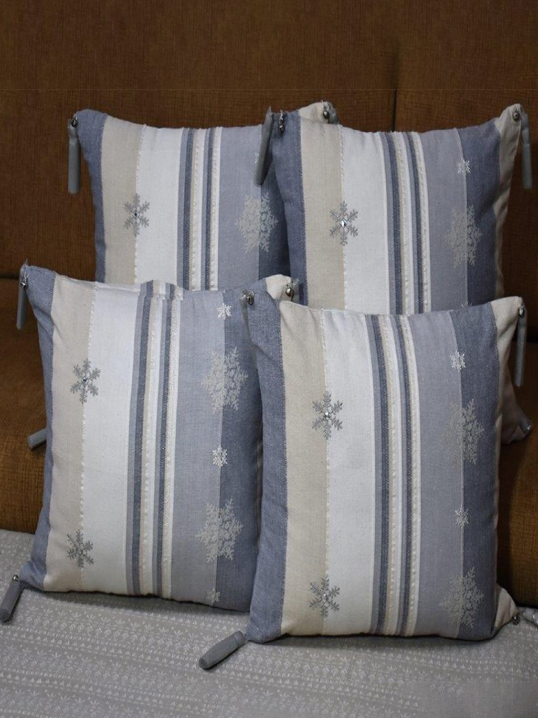 

Aura Blue & White 4 Pieces Striped Square Cushion Covers