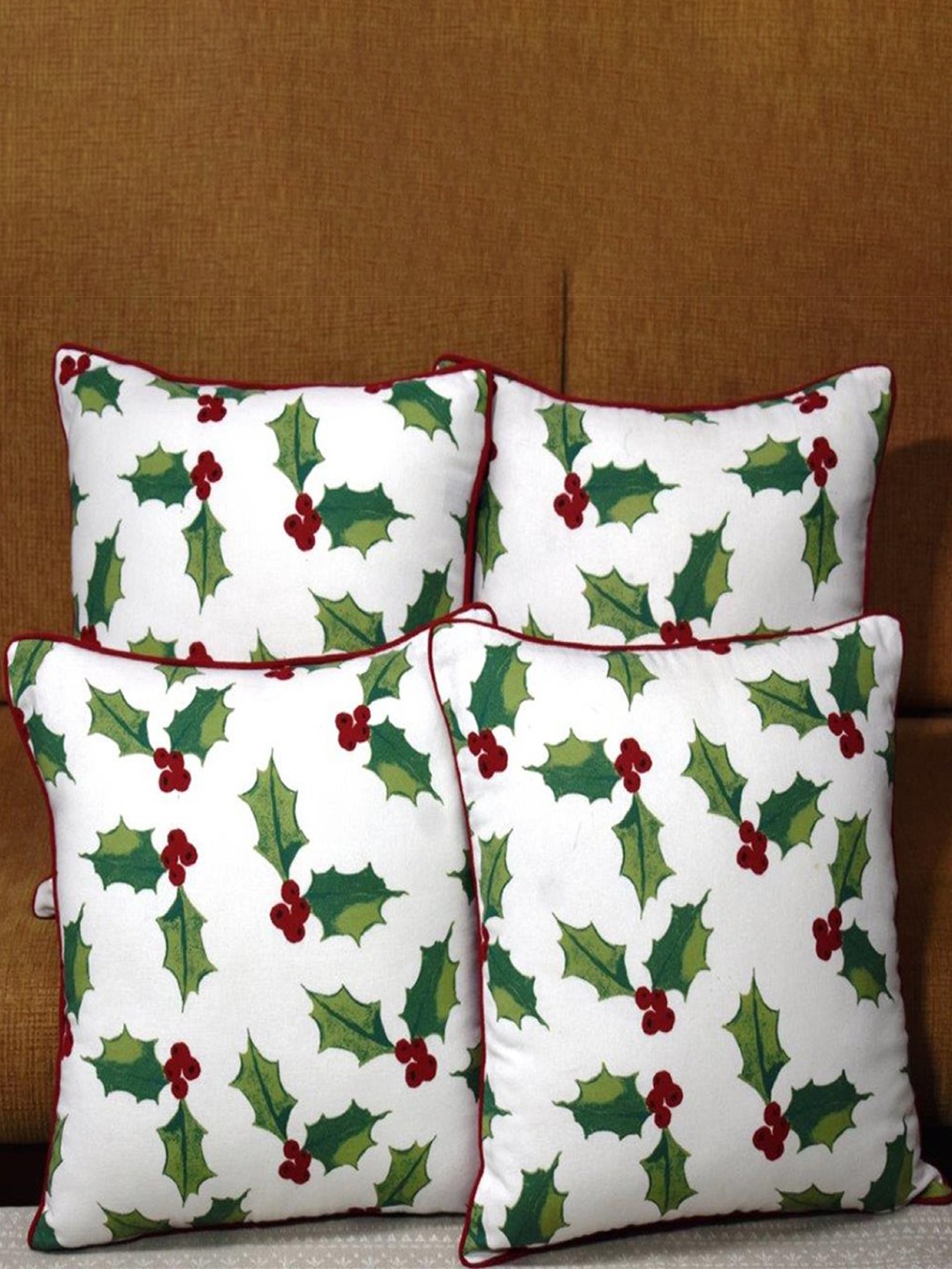 

Aura White & Green 4 Pieces Floral Printed Square Cushion Covers