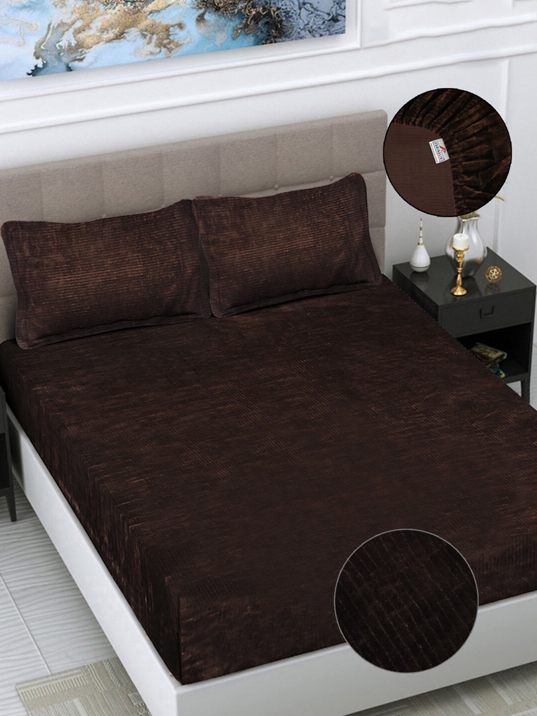 

FABINALIV Coffee Brown Striped 300 TC Woollen King Size Fitted Bedsheet & 2 Pillow Covers