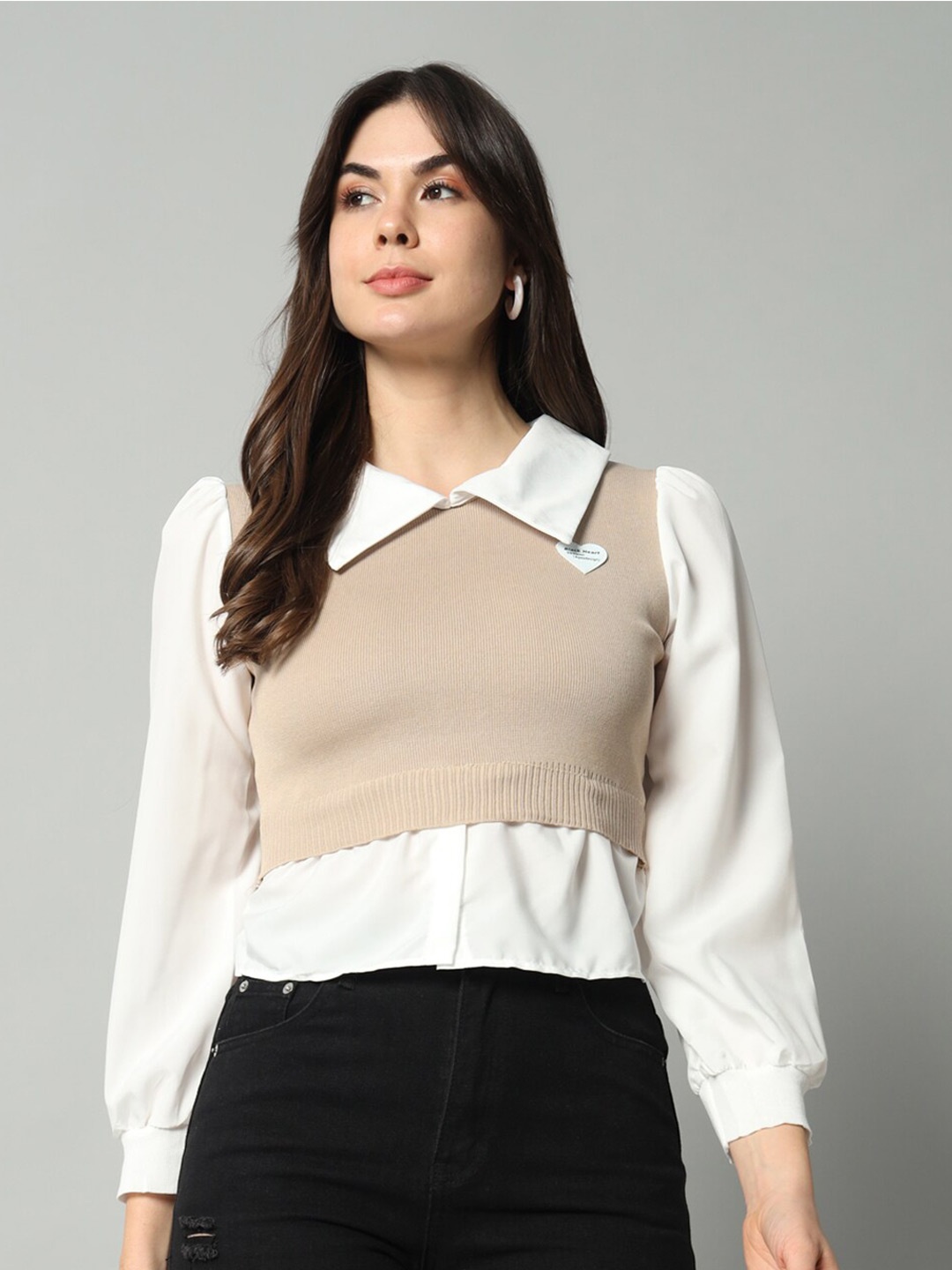 

BROOWL Shirt Collar Woollen Shirt With Attached Sweater, Beige