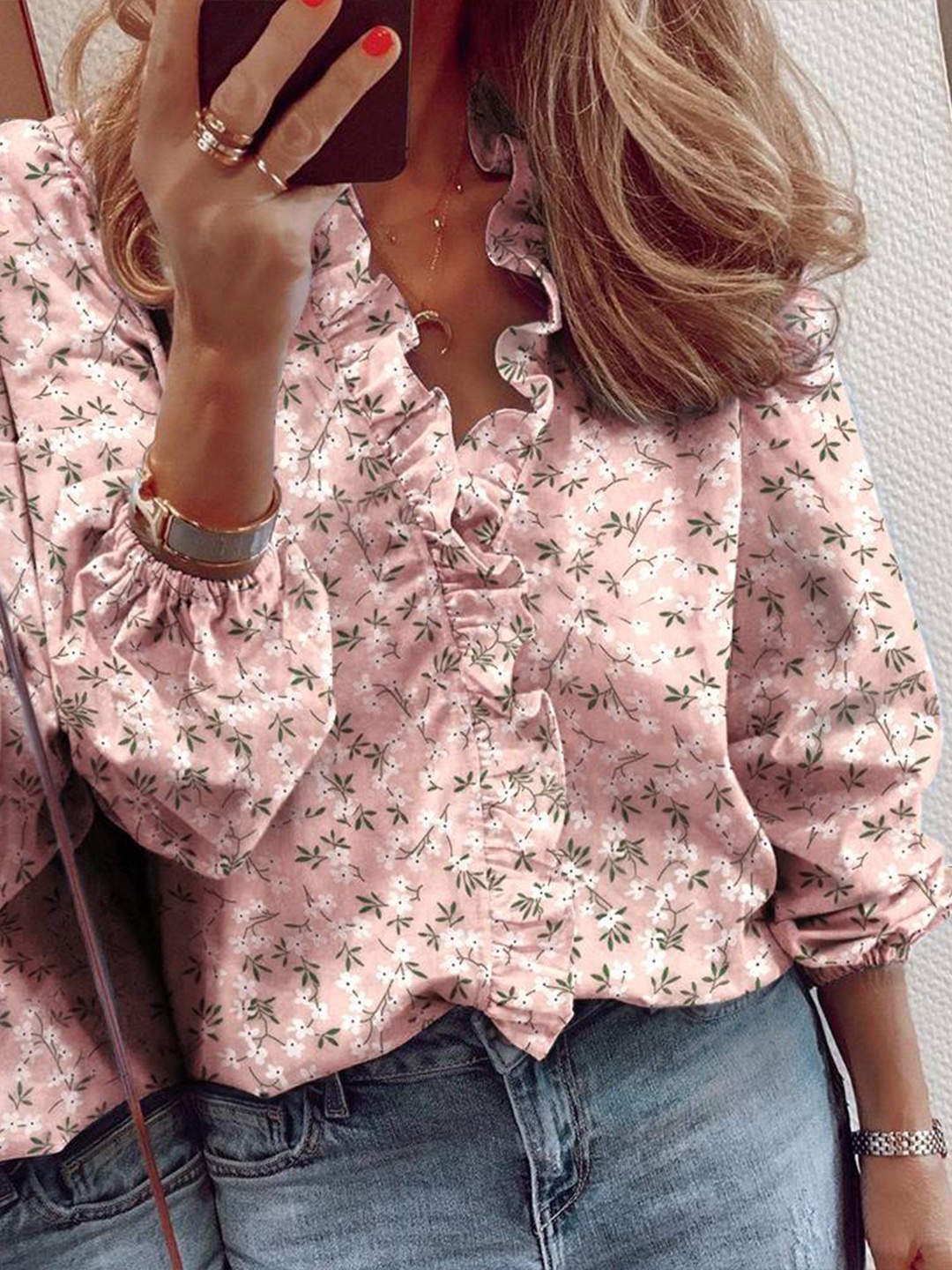 

StyleCast V Neck Long Puff Sleeves Floral Print Shirt Style Top, Pink